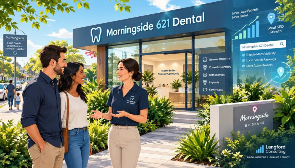A modern dental practice exterior in Morningside, Brisbane, showcasing a sleek glass facade and bright signage saying "Morningside 621 Dental." In the foreground, a friendly dental professional in smart casual attire engages warmly with a diverse couple at the entrance, conveying trust and professionalism. The middle ground highlights lush greenery and a welcoming pathway leading to the practice, while the background features a clear blue sky with soft, natural lighting. Capture the bustling yet calm suburban atmosphere, symbolizing community trust and engagement. A digital marketing element is subtly represented with an abstract overlay of analytics graphics, hinting at growth and local SEO strategies by Langford Consulting. The overall mood is inviting and optimistic, suggesting an emphasis on patient care and local reach. A modern dental practice exterior in Morningside, Brisbane, showcasing a sleek glass facade and bright signage saying "Morningside 621 Dental." In the foreground, a friendly dental professional in smart casual attire engages warmly with a diverse couple at the entrance, conveying trust and professionalism. The middle ground highlights lush greenery and a welcoming pathway leading to the practice, while the background features a clear blue sky with soft, natural lighting. Capture the bustling yet calm suburban atmosphere, symbolizing community trust and engagement. A digital marketing element is subtly represented with an abstract overlay of analytics graphics, hinting at growth and local SEO strategies by Langford Consulting. The overall mood is inviting and optimistic, suggesting an emphasis on patient care and local reach.