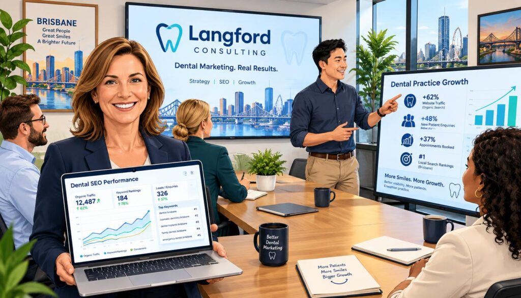 A stylish, modern office environment featuring a diverse group of professional individuals engaged in a collaborative meeting. In the foreground, a smiling, middle-aged woman in business attire holds a laptop displaying a vibrant dashboard of dental SEO analytics. Beside her, a young Asian man in smart casual wear is gesturing towards a digital display showing dental practice statistics. In the middle ground, a large screen highlights Langford Consulting's logo, with dental imagery subtly incorporated. The background shows tasteful decor, including plants and artwork that evoke the spirit of Brisbane. The lighting is bright and inviting, capturing a positive, energetic atmosphere that emphasizes growth and success in dental marketing. A stylish, modern office environment featuring a diverse group of professional individuals engaged in a collaborative meeting. In the foreground, a smiling, middle-aged woman in business attire holds a laptop displaying a vibrant dashboard of dental SEO analytics. Beside her, a young Asian man in smart casual wear is gesturing towards a digital display showing dental practice statistics. In the middle ground, a large screen highlights Langford Consulting's logo, with dental imagery subtly incorporated. The background shows tasteful decor, including plants and artwork that evoke the spirit of Brisbane. The lighting is bright and inviting, capturing a positive, energetic atmosphere that emphasizes growth and success in dental marketing.